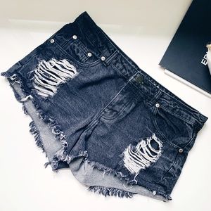 Black Frayed Distressed Cut Off Denim Shorts